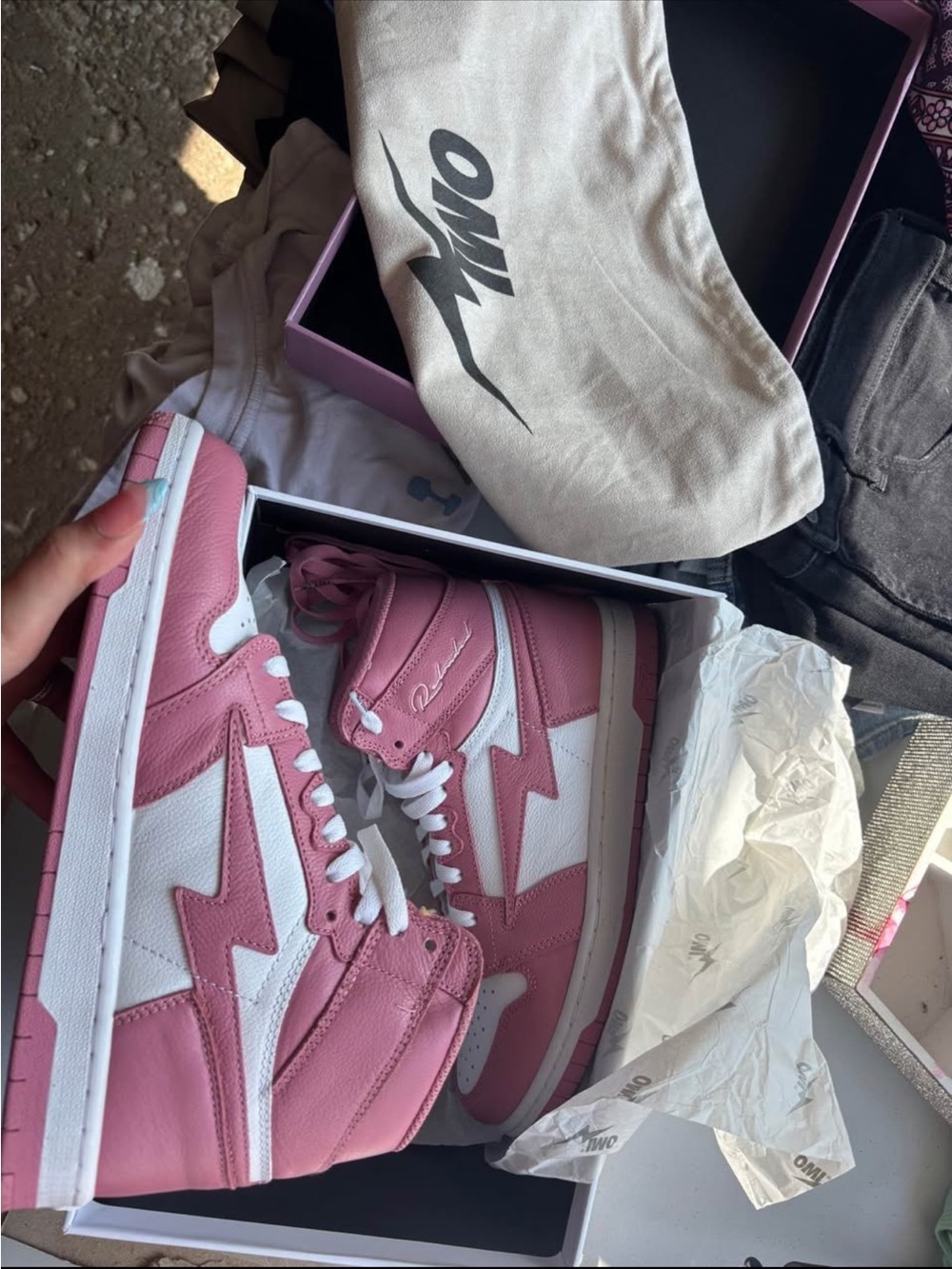 OMI Pink and White High-Top Sneakers with Lightning Accent